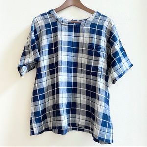 MADEWELL Navy Plaid Top with Pocket  sz M